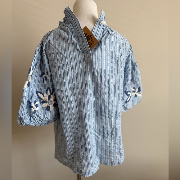 NWT-Ivy Jane puff shoulder embroidered pinstripes flower blouse top-XS - Picture 4 of 4